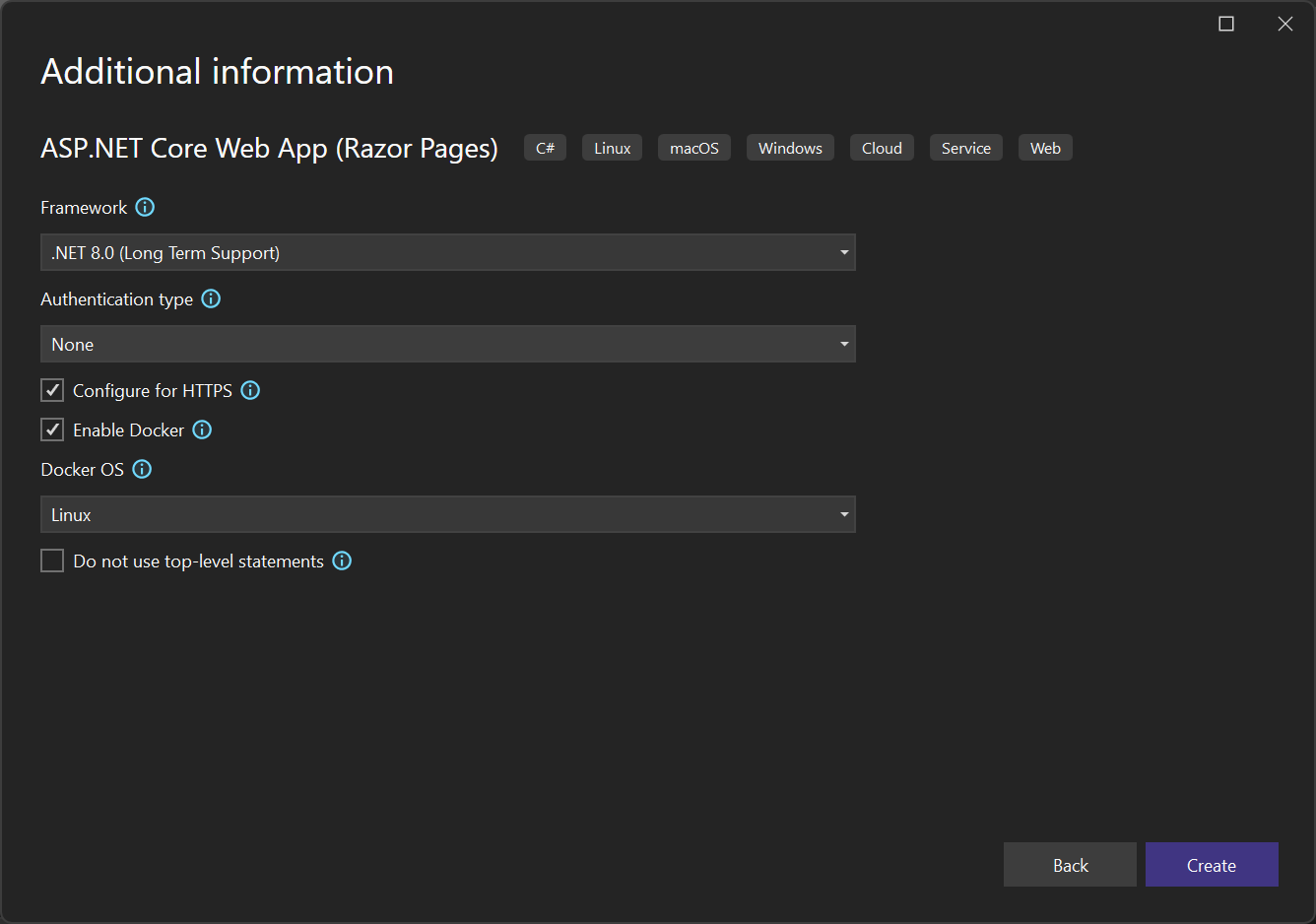 Screenshot of Enable container support checkbox.