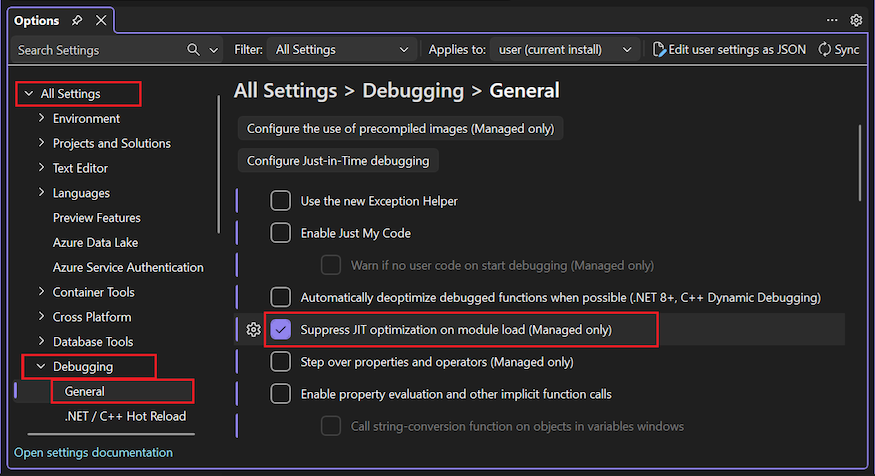 Screenshot of the Suppress JIT Optimization on module load debugging option.