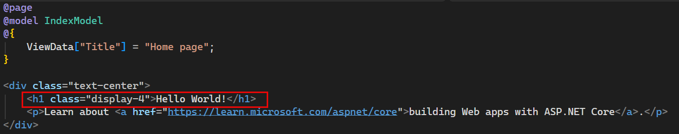 Screenshot shows the Index.cshtml file in the Visual Studio Code editor with the 'Welcome' text changed to 'Hello World!'.