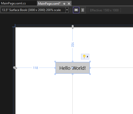 Screenshot&nbsp;showing the Button control on&nbsp;the&nbsp;canvas of the XAML Designer with the label of the button changed to Hello World!