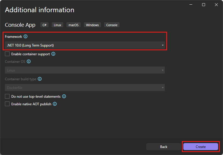 Screenshot of the Additional information dialog showing .NET 10.0 selected as the target framework for the new project in Visual Studio.