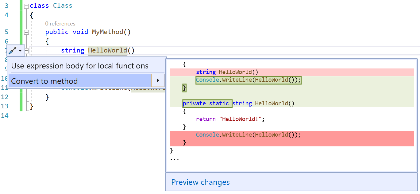 Screenshot of Convert local function to method code fix sample.