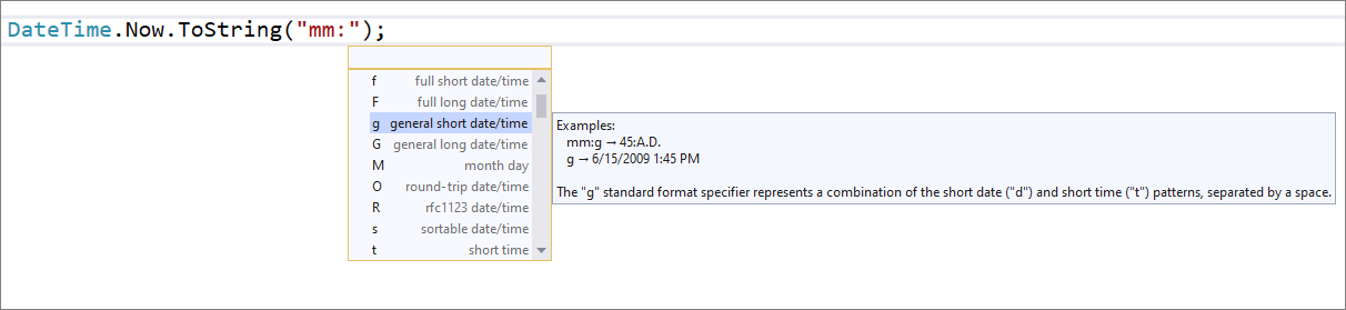 Screenshot of DateTime Completion IntelliSense.