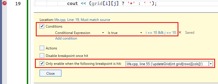 A screenshot that shows the conditional breakpoint settings for line 19.