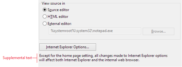 Screenshot showing the Internet Explorer Options button with supplemental text below it that describes the impact of changing the option settings.