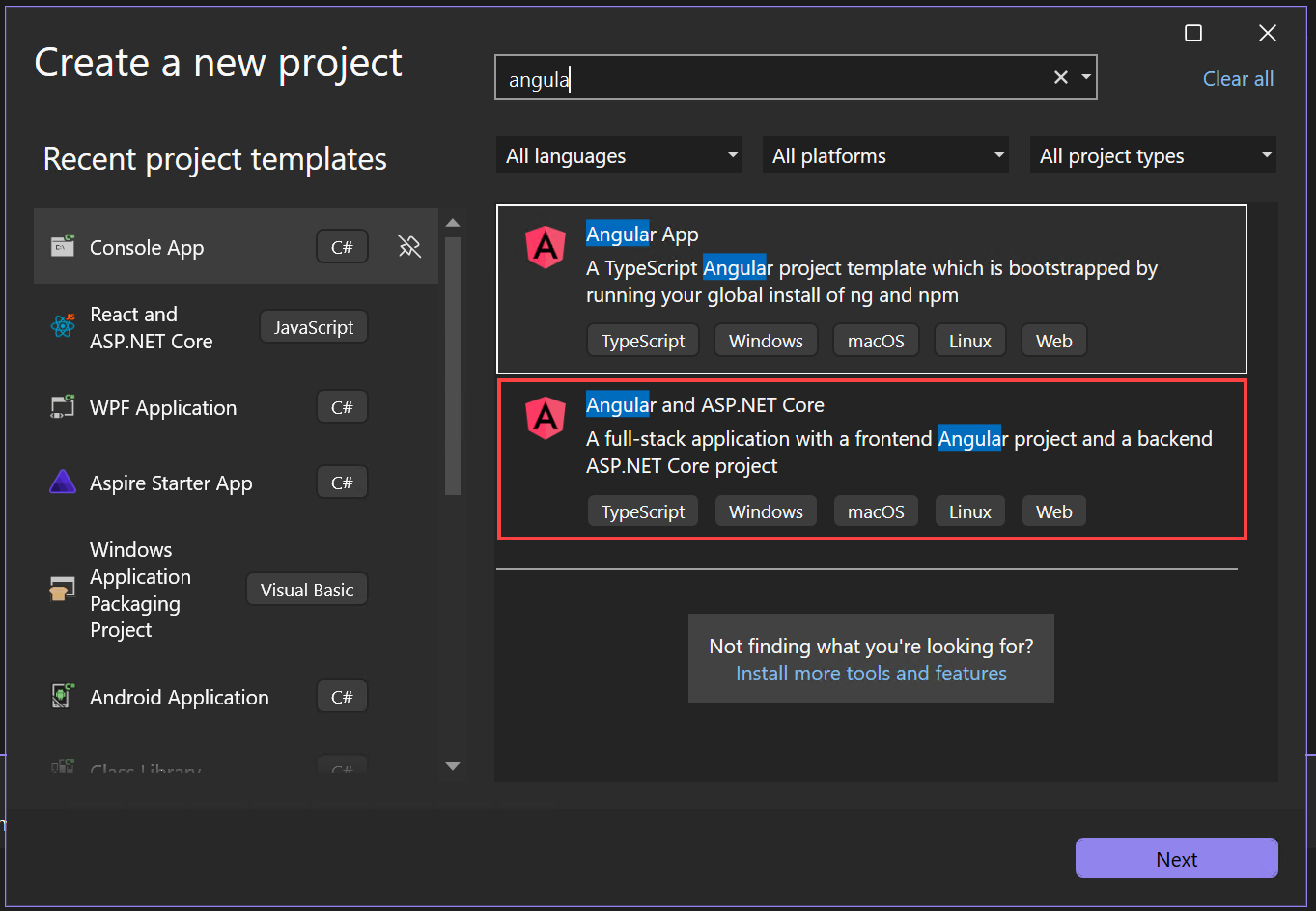 Screenshot showing choosing a template.