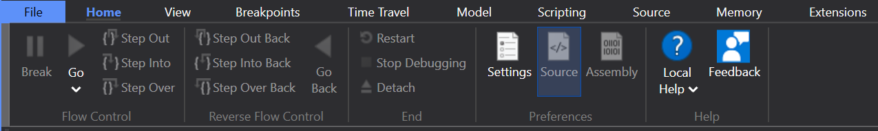 Screenshot of WinDbg with the dark theme enabled.