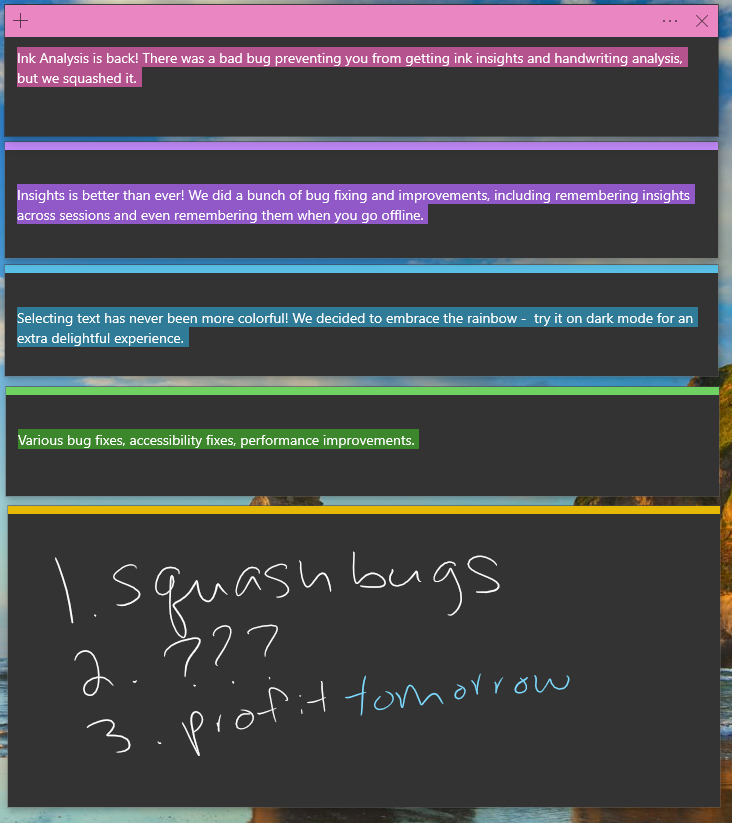 Release notes for Sticky Notes v3.7 written in a dark mode sticky note