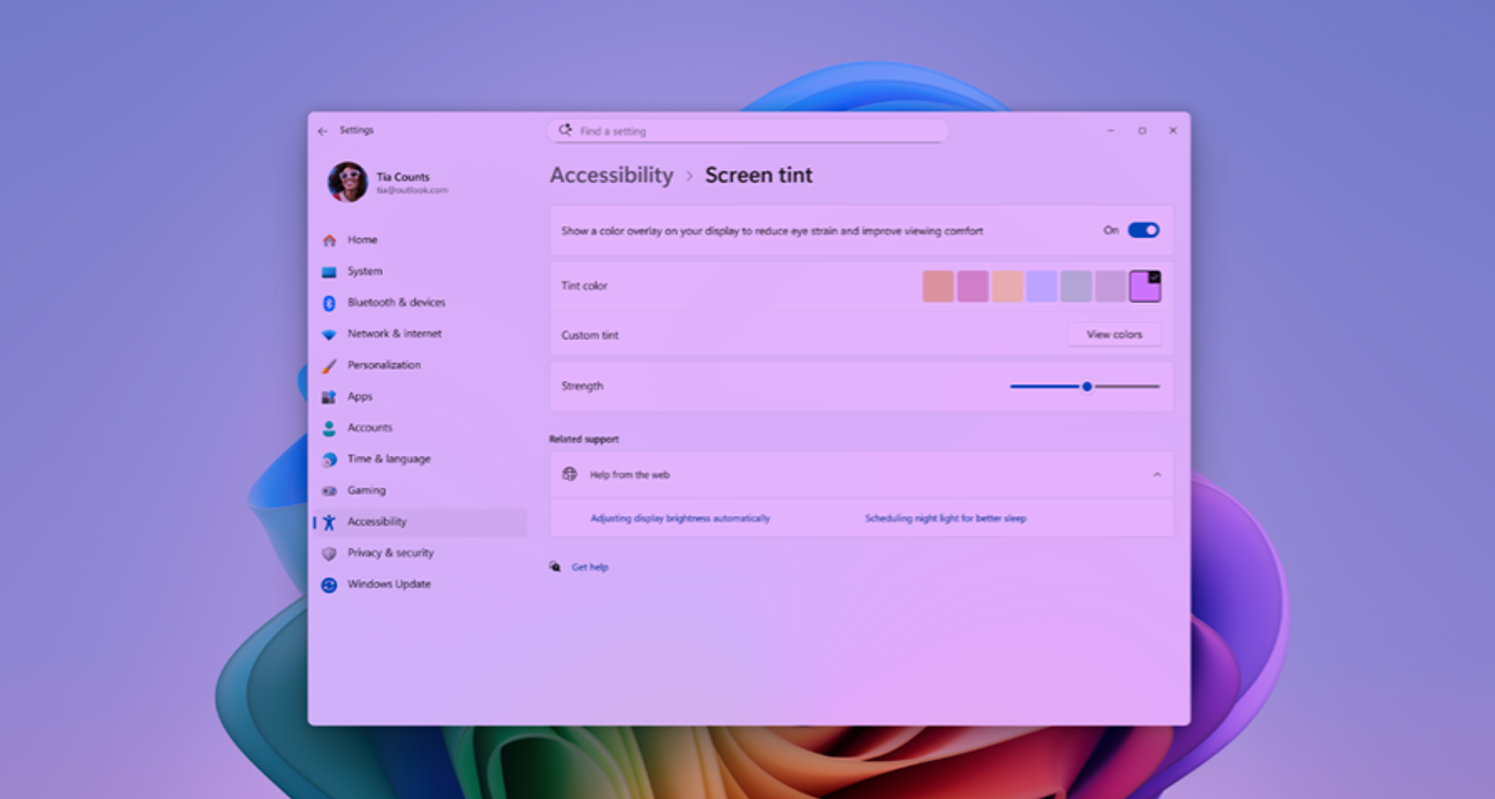Screenshot that shows UI for screen tint in Accessibility, with color presets and a strength slider.