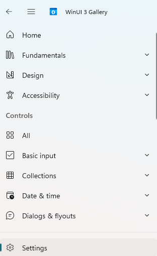 app settings entry point for nav pane