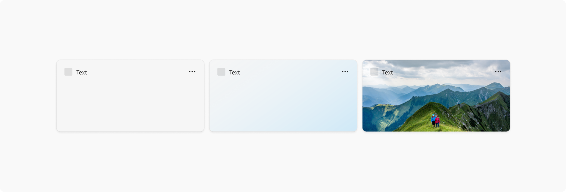 Three example widget templates demonstrating the light theme. The first is an empty widget with a white backgronud. The second is an empty widget with a light gradient background. The third is a widget with an image background. All three have the word "text" in dark font to demonstrate the contrast with the light background.