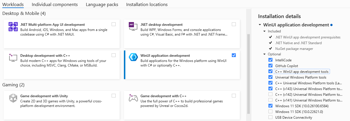 A screenshot of the Visual Studio installer UI with the WinUI application development workload selected.