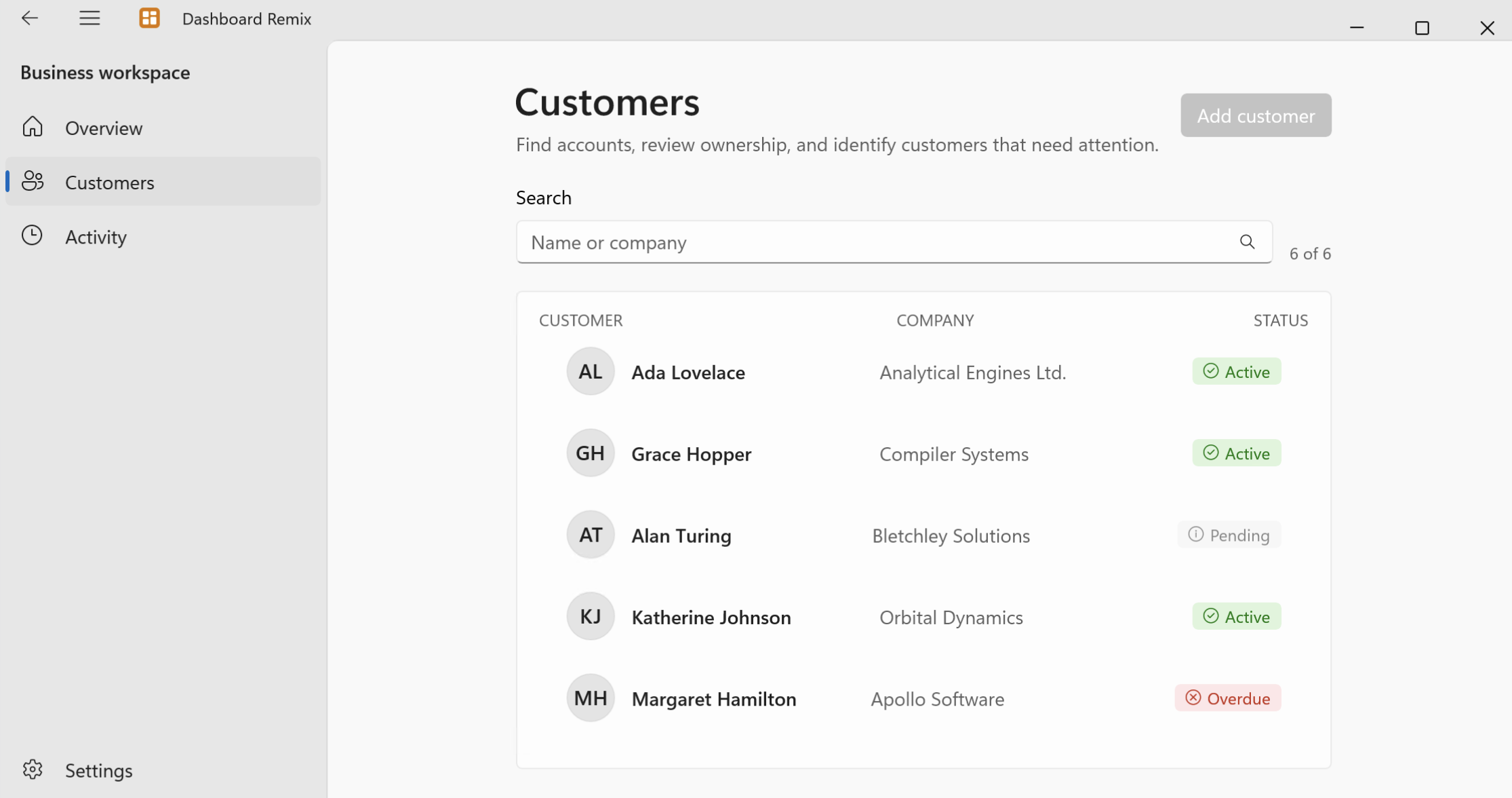 A customer list in a WinUI 3 app with search, company information, and account status columns.
