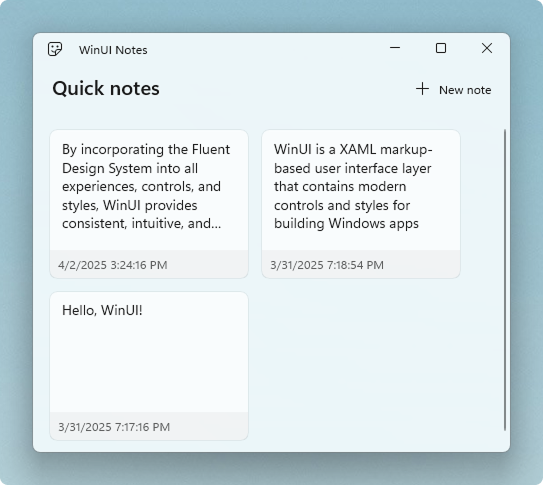 Screenshot of WinUI Notes app displaying three saved notes in the AllNotesPage view.