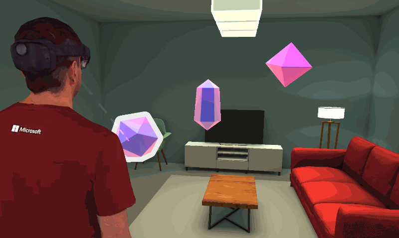 Animated GIF of a user looking at stationary holograms with the eye gaze ray highlighted