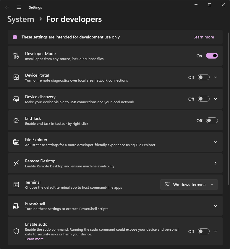 A screenshot of the Windows Settings For developers screen