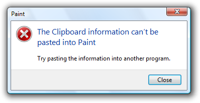 Screen shot of message: Data can't be pasted