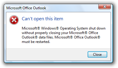 Screenshot that shows a Microsoft Office Outlook 'Can't open this item' message.