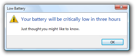 screen shot of battery-low-in-three-hours warning