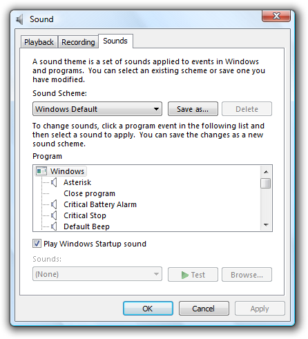 screen shot of the sound dialog box