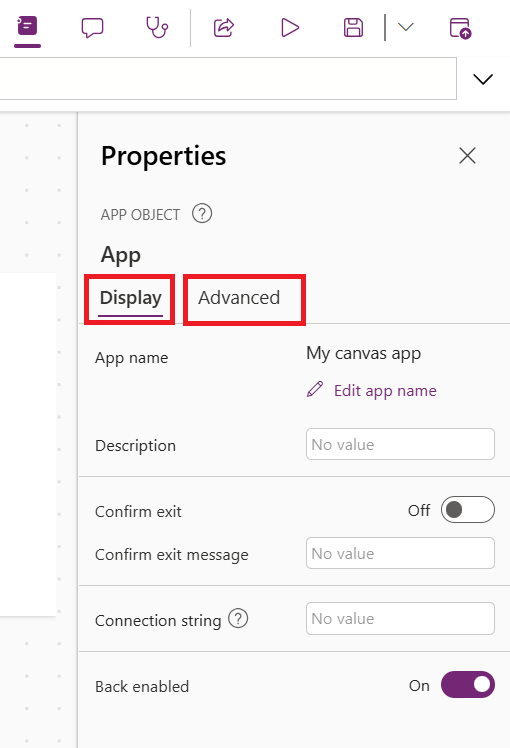Screenshot that shows the properties pane that appears when you select an object in your canvas. You see two tabs in this pane: Display and Advanced.