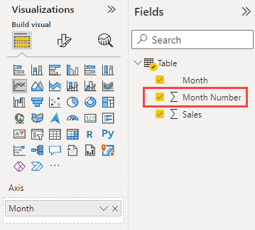 Screenshot showing the Month Number field in the Fields pane.