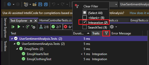 Screenshot of the column filter.