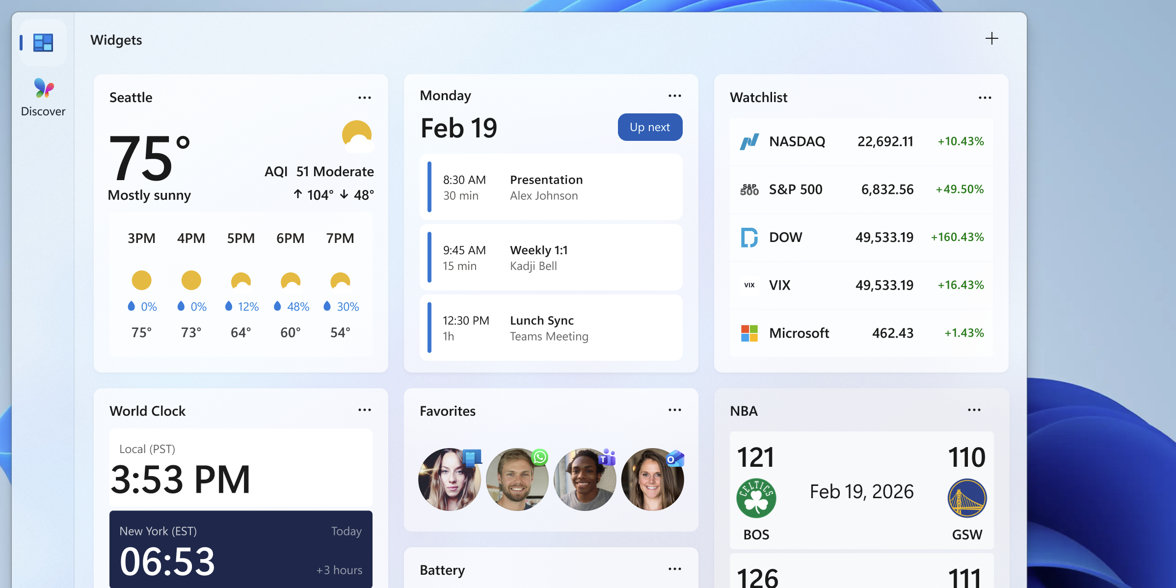 Screenshot of the Widgets Board. The board is a rounded rectangle with the time displayed at the top, followed by a search bar. The rest of the board is a grid of rounded rectangles each representing a widget. The individual widgets show top news stories, current weather, current traffic, etc.