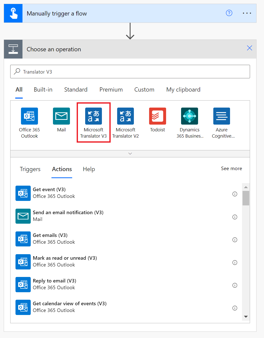 Screenshot showing the selection of Translator v3 as the next flow step.