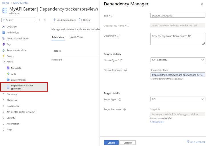 Screenshot of adding a dependency in the portal.