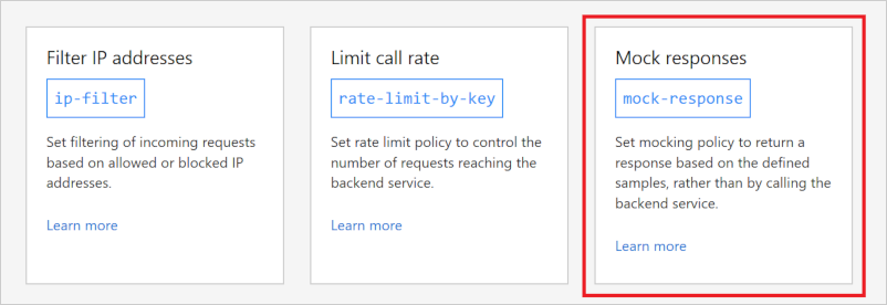 Screenshot that shows the Mock responses tile.