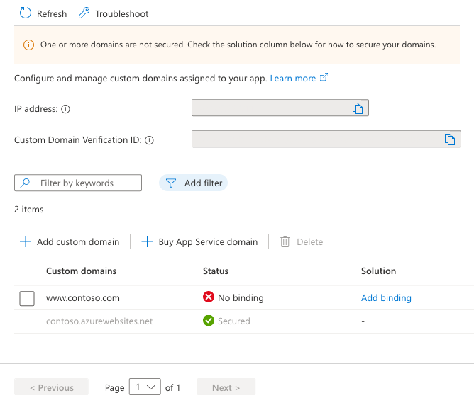 A screenshot that shows the custom domains page with the new secured custom domain.