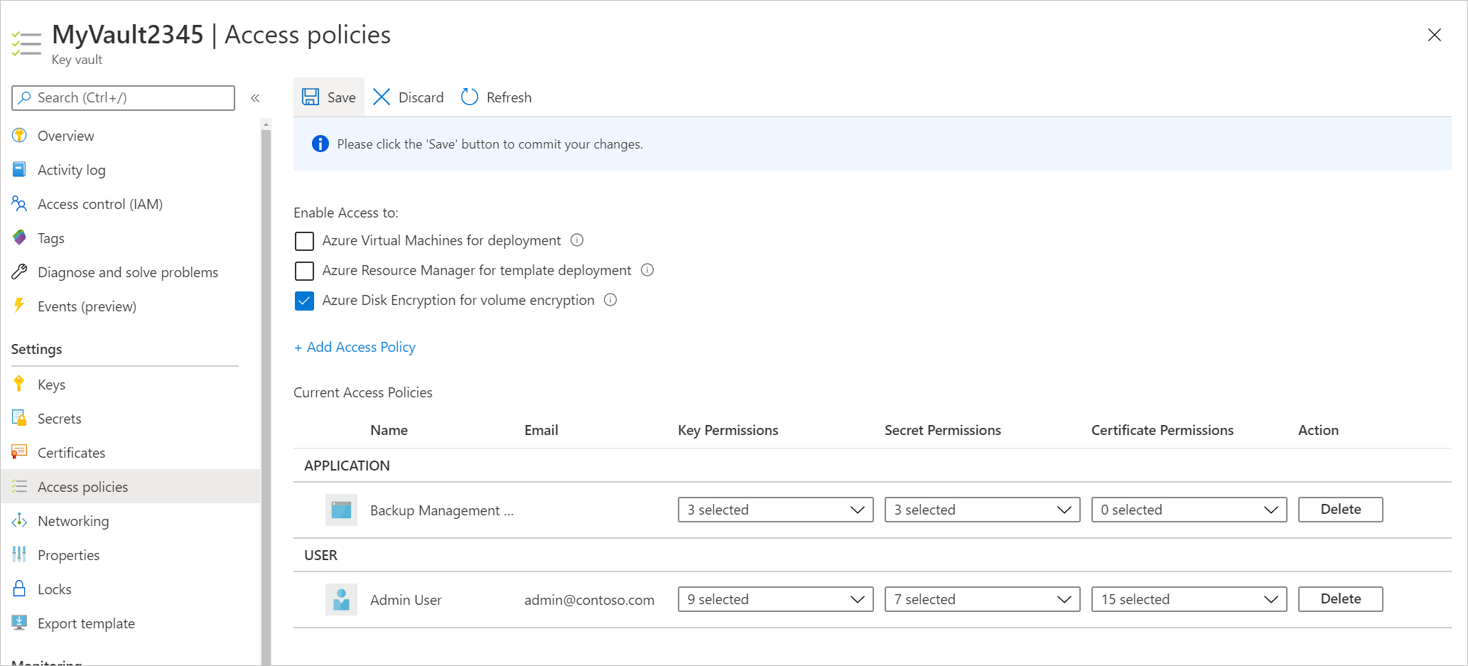 Screenshot that shows access policies.