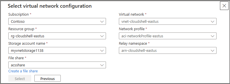 Screenshot of the Select virtual network configuration dialog.