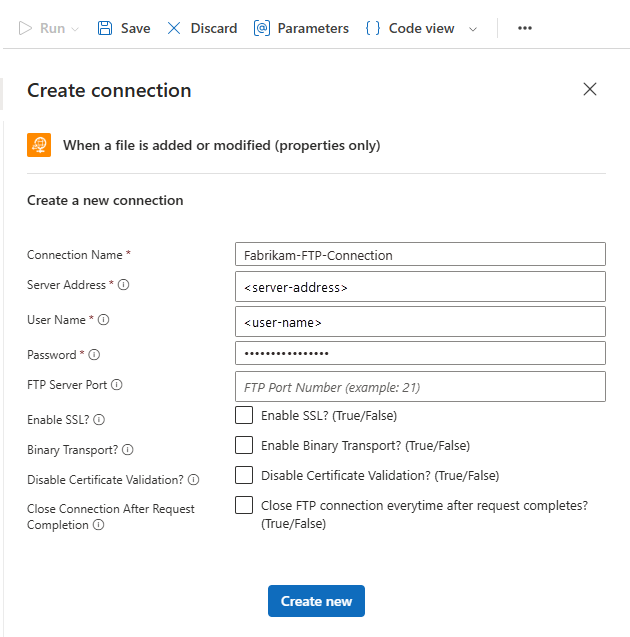 Screenshot shows workflow designer with the FTP managed connector trigger information.
