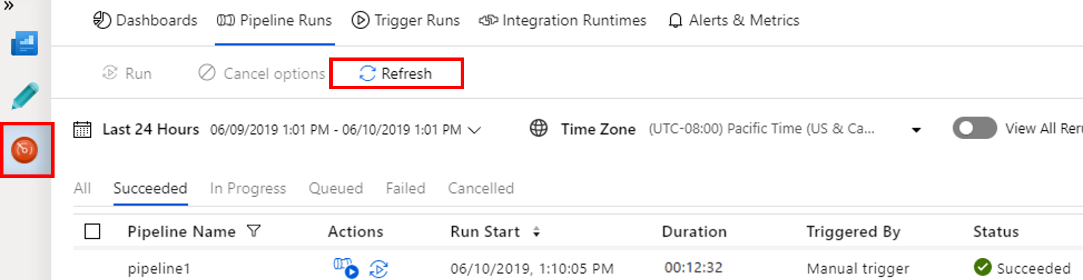 Tab for monitoring pipeline runs, with "Refresh" button
