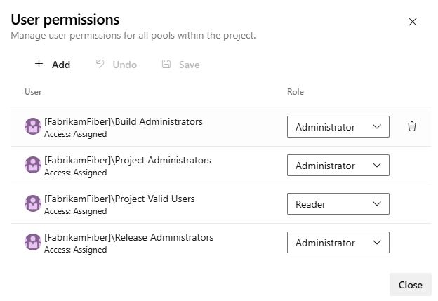 Screenshot of Project level agent pools security page.