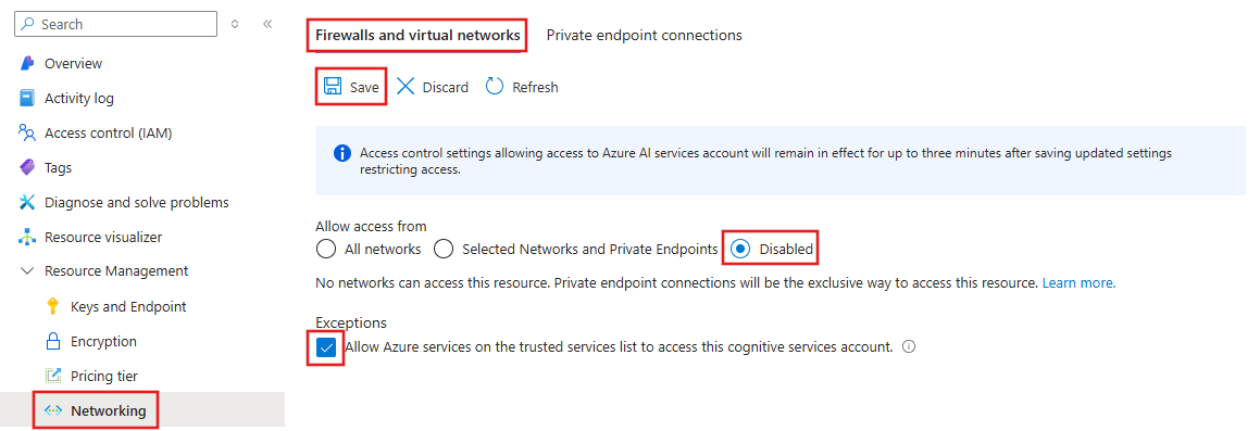 Screenshot of Foundry Tools with public network access disabled.