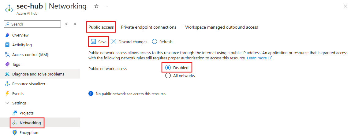 Screenshot of Foundry hub settings with public access disabled.