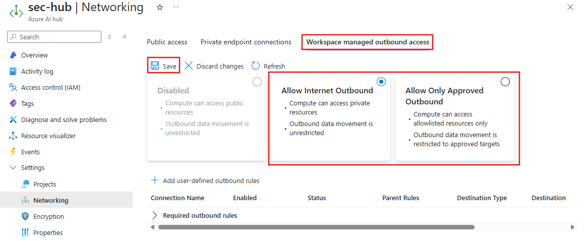 Screenshot of the Foundry hub settings with allow internet outbound selected.