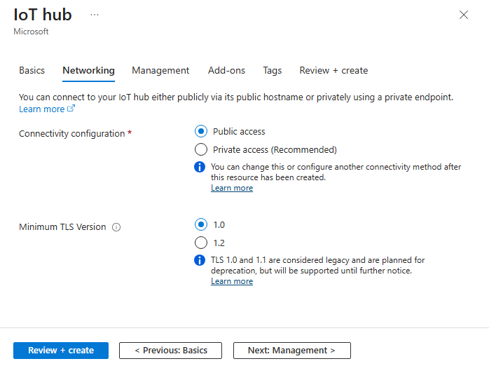 Screen capture that shows how to choose the endpoints that can connect to a new IoT hub.