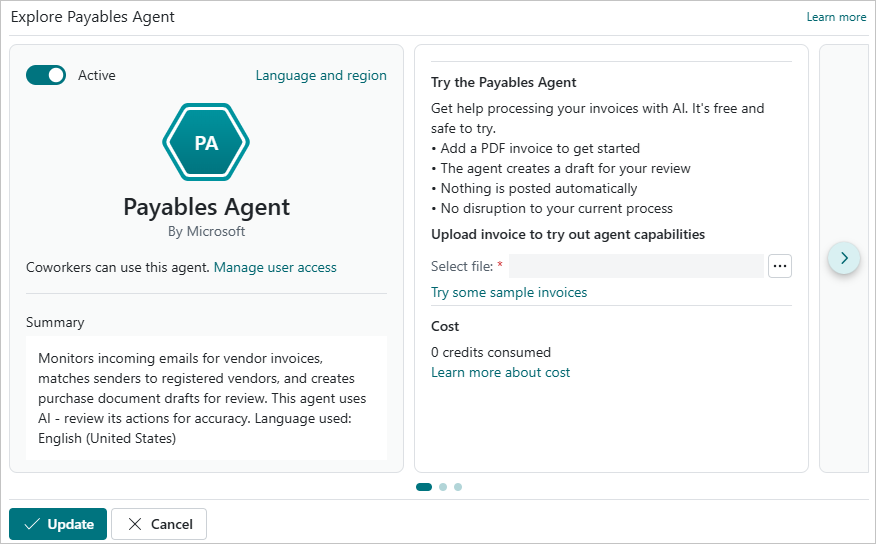 Shows the Payables Agent configuration assisted setup guide