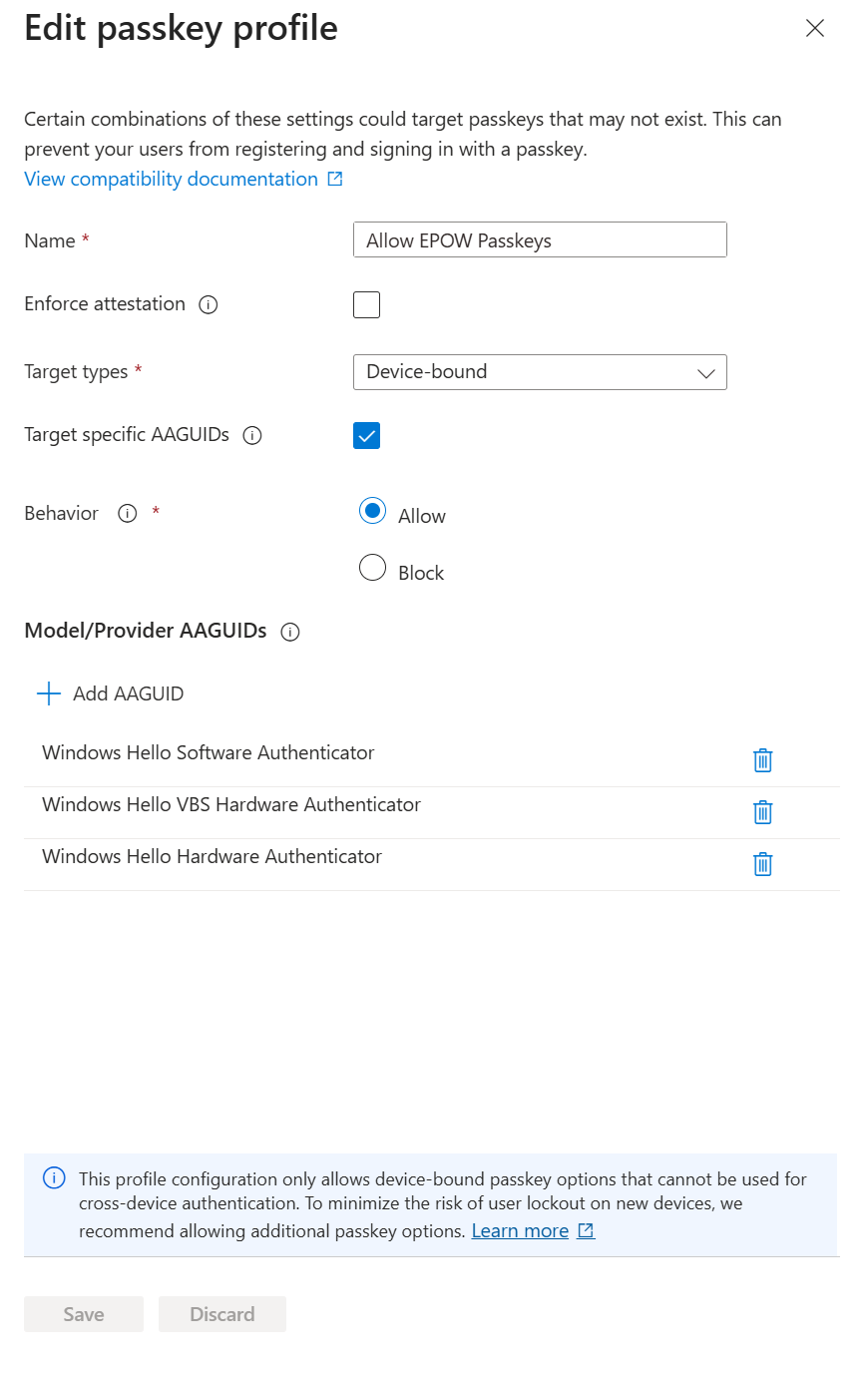 Screenshot of the passkey profile configuration settings showing Windows Hello AAGUIDs configuration options.