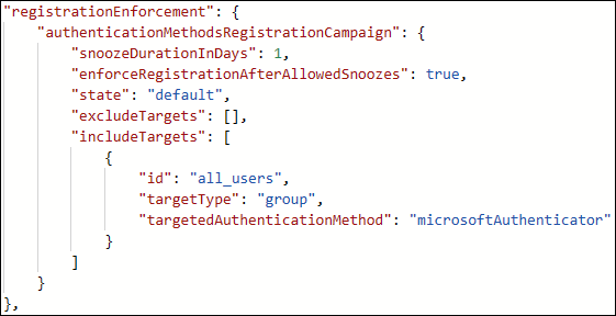 Screenshot of the Graph Explorer API response showing the registrationEnforcement section of the authentication methods policy.