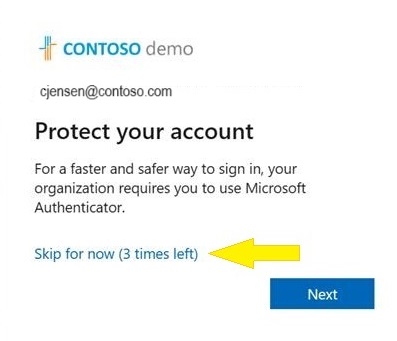 Screenshot showing the Skip for now option to snooze the registration campaign prompt.
