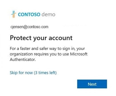 Screenshot showing the registration campaign prompt asking the user to set up Microsoft Authenticator.