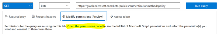 Screenshot of Graph Explorer showing the Permissions panel with Policy.Read.All and Policy.ReadWrite.AuthenticationMethod consented.