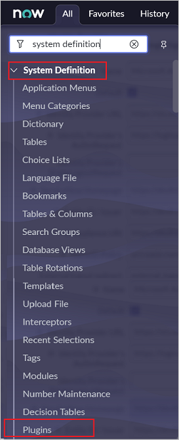 Activate plugin Screenshot of System Definition section, with System Definition and Plugins highlighted