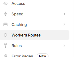 Screenshot of Cloudflare dashboard sidebar with Workers Routes selected, showing Access, Speed, Caching, Rules, and Error Pages menu options.