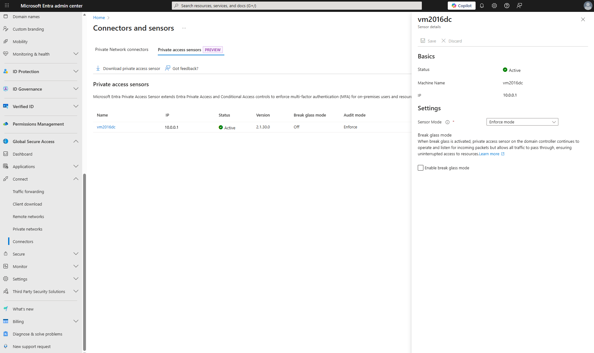 Screenshot that shows the Private Access sensor as activated in the Microsoft Entra admin center.